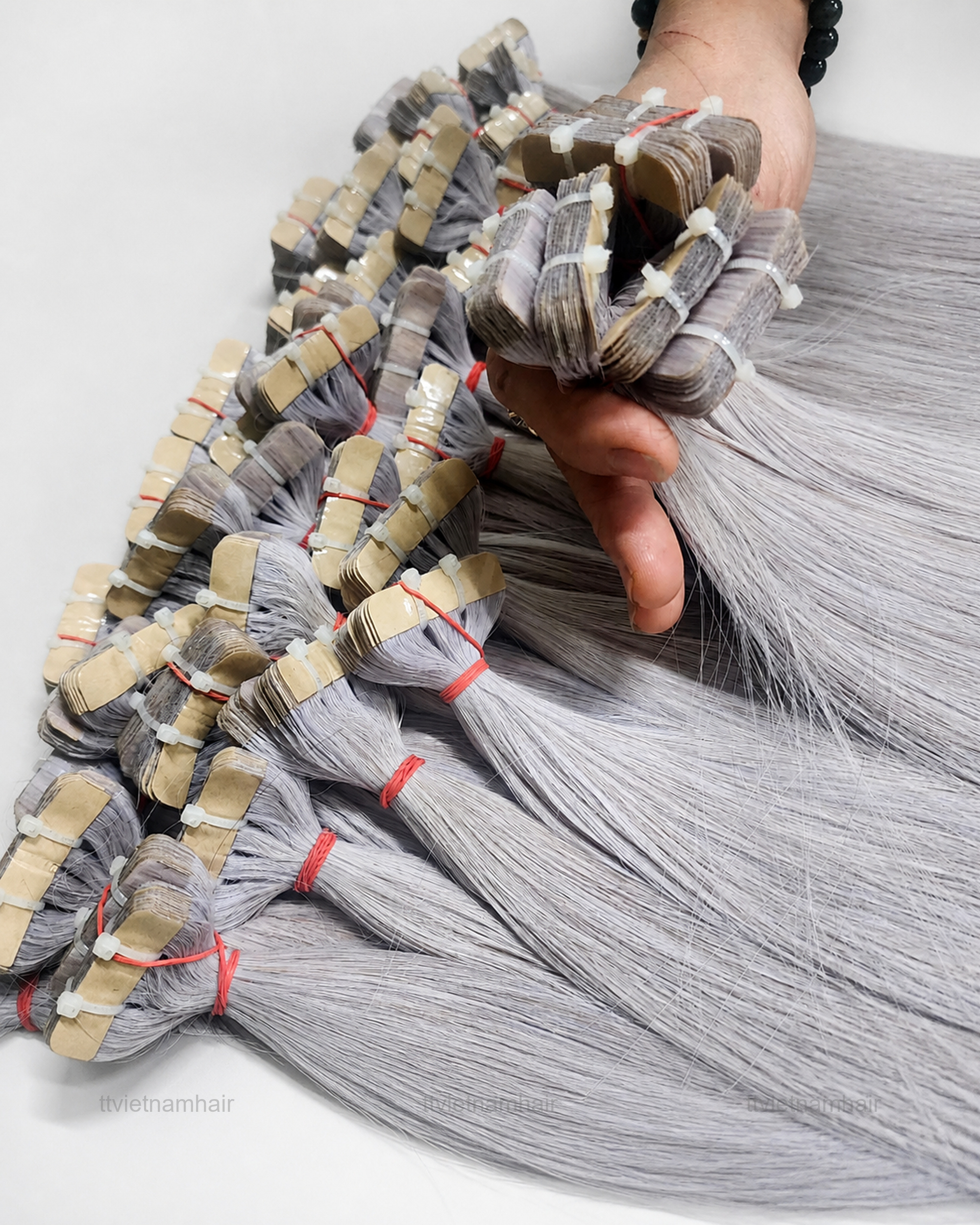 Silver Grey Bone Straight Tape-In Hair Extensions