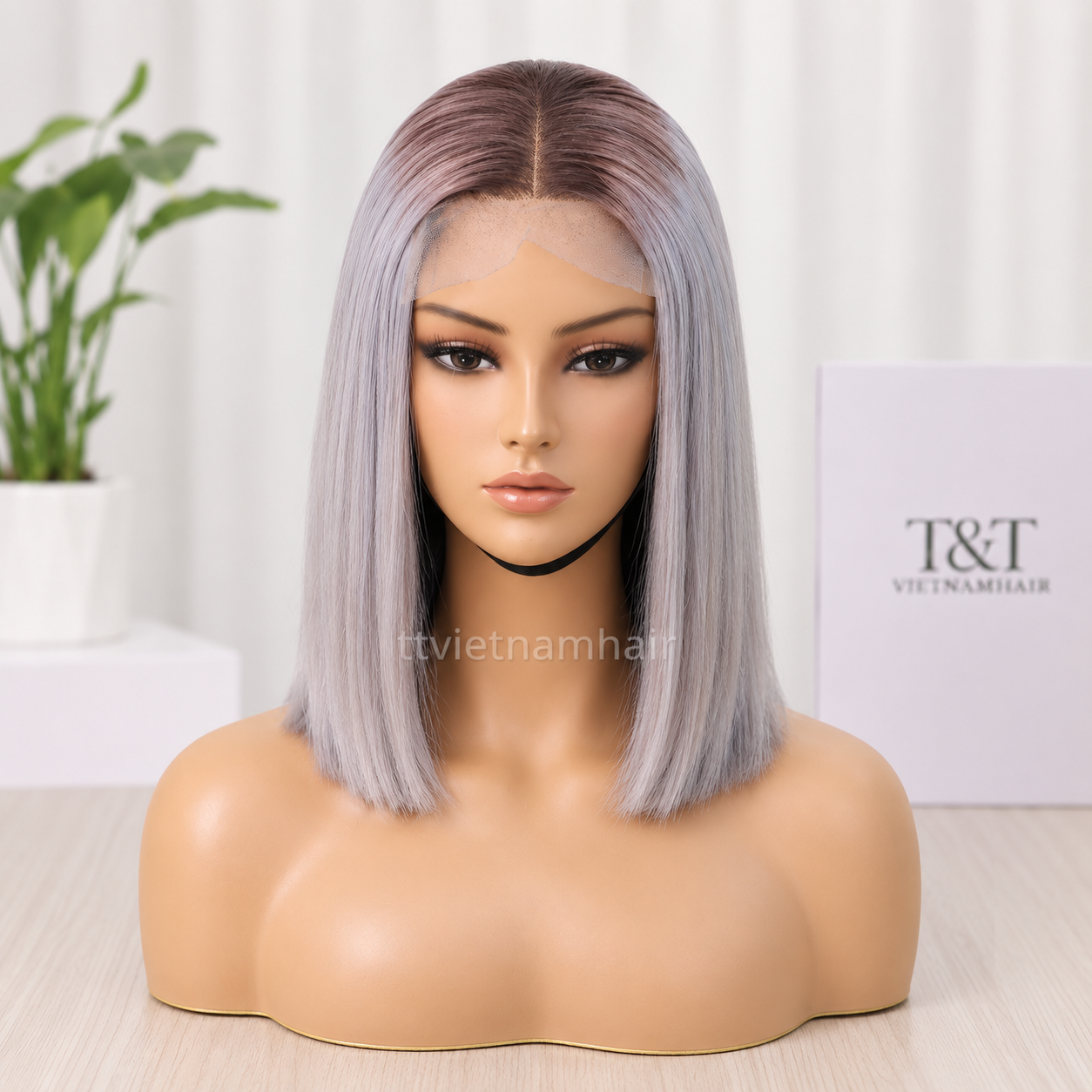 2×6 Ombre Smoky Grey Closure Wig – Bone Straight