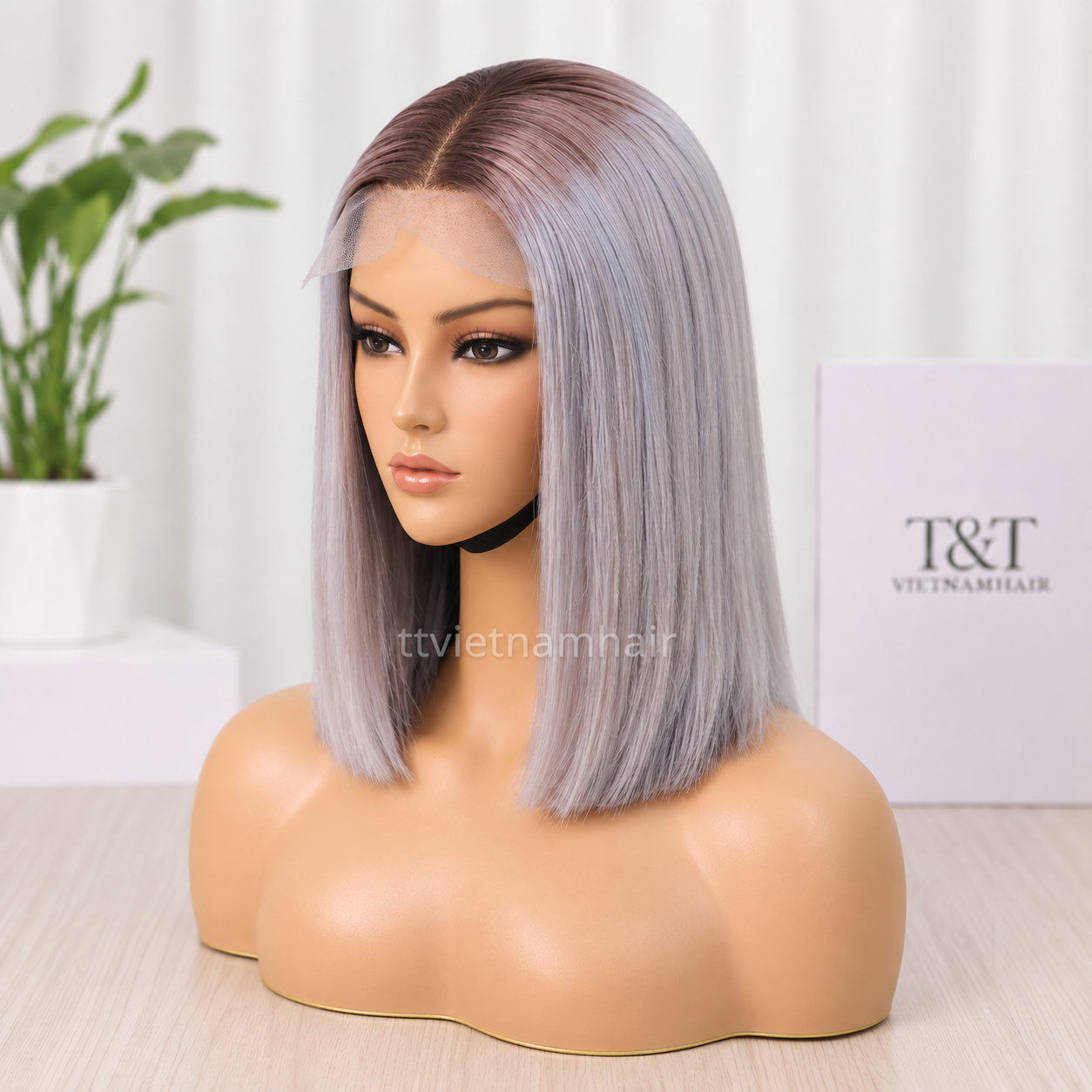 2×6 Ombre Smoky Grey Closure Wig – Bone Straight
