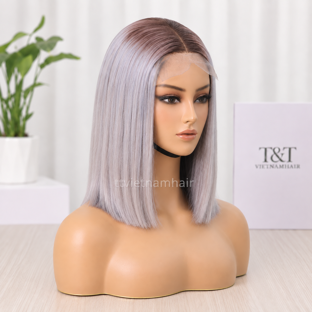 2×6 Ombre Smoky Grey Closure Wig – Bone Straight