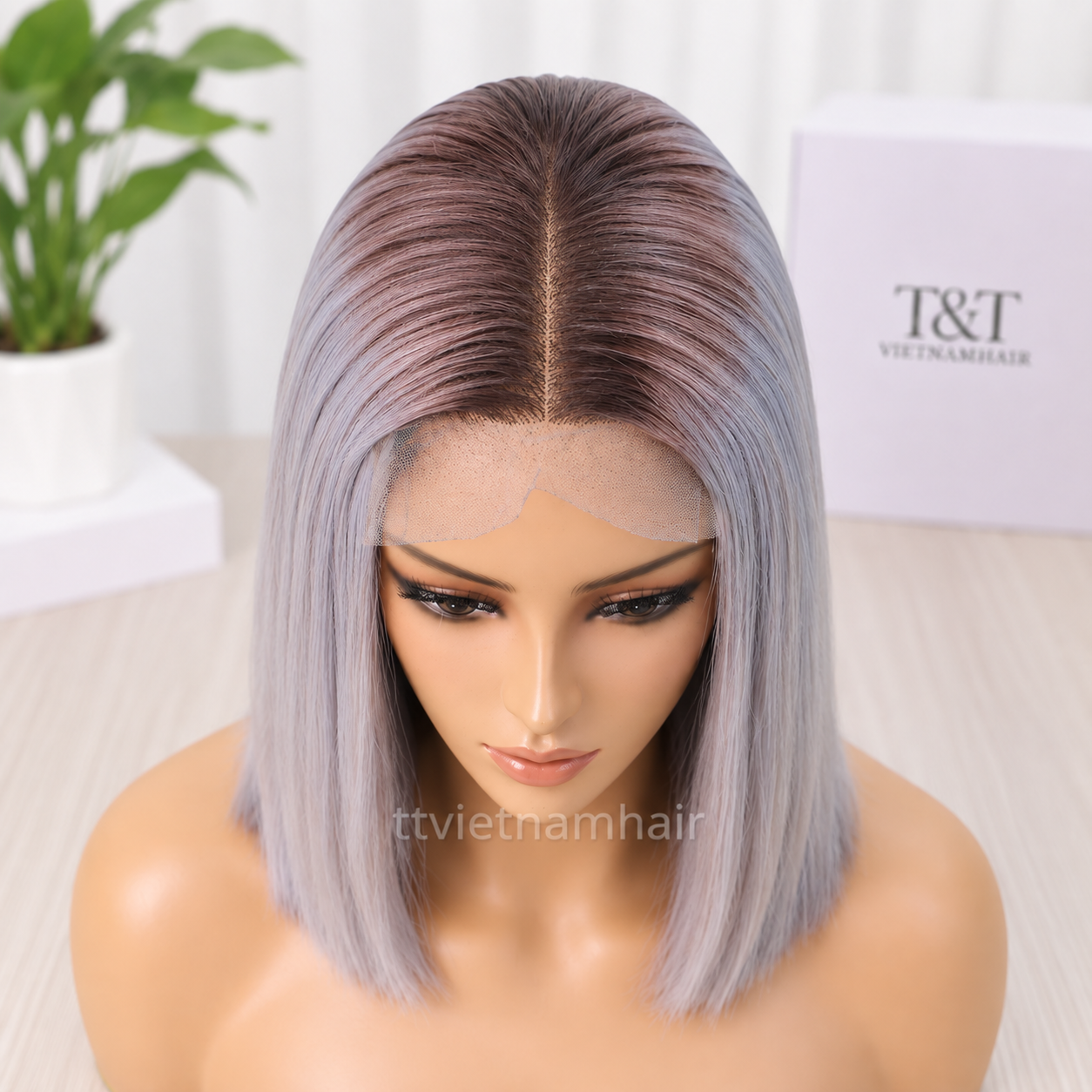 2×6 Ombre Smoky Grey Closure Wig – Bone Straight