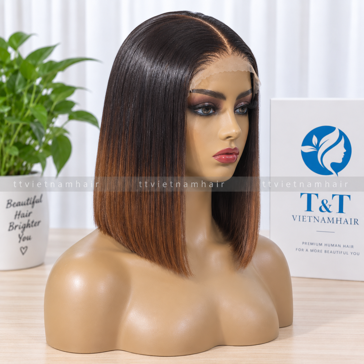 5x5 Ombre Brown Bone Straight Closure Wig – Virgin Hair SDD — real T&T VIETNAMHAIR product