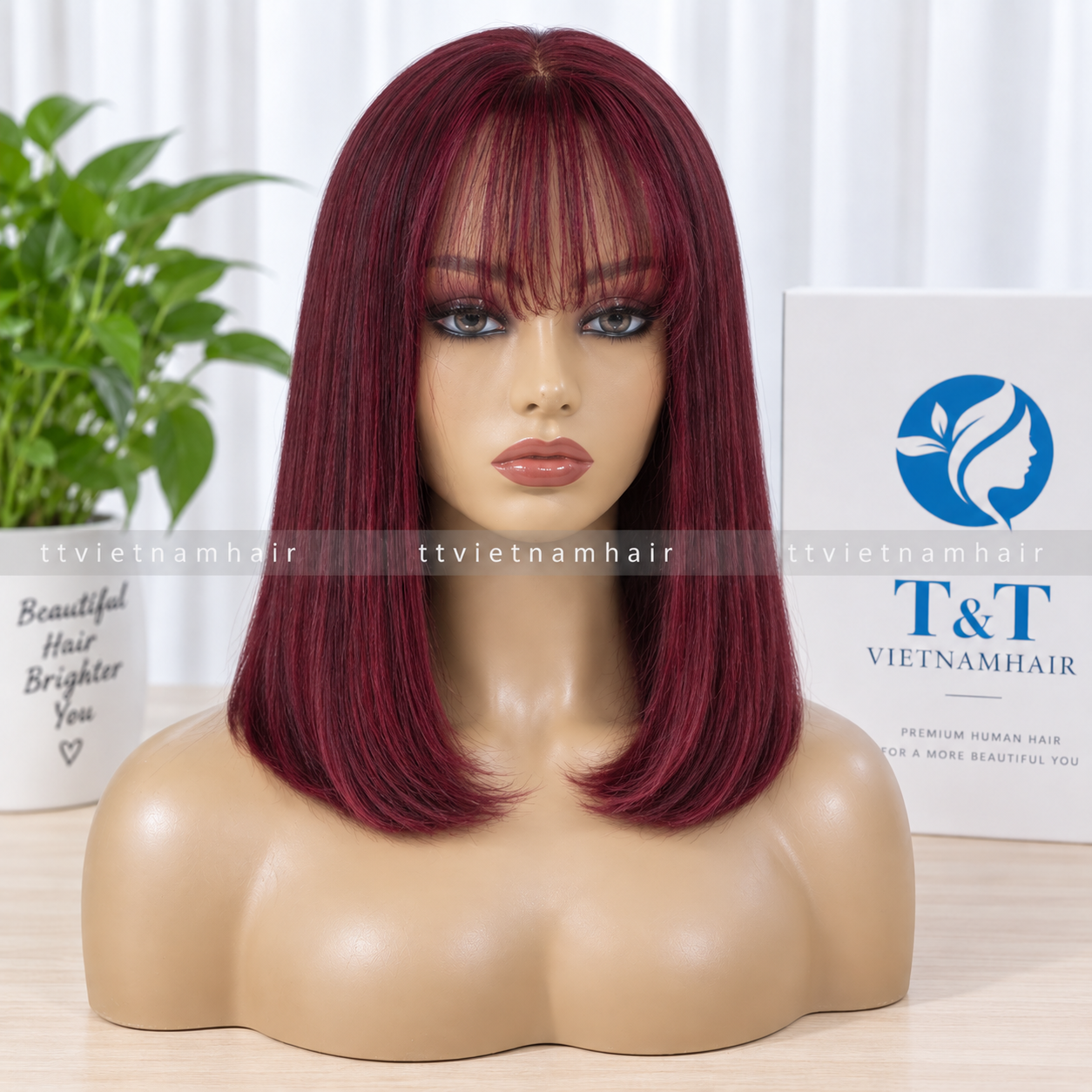 Wine Red Bone Straight Lace Wig with Bangs – Virgin Hair SDD by T&T VIETNAMHAIR