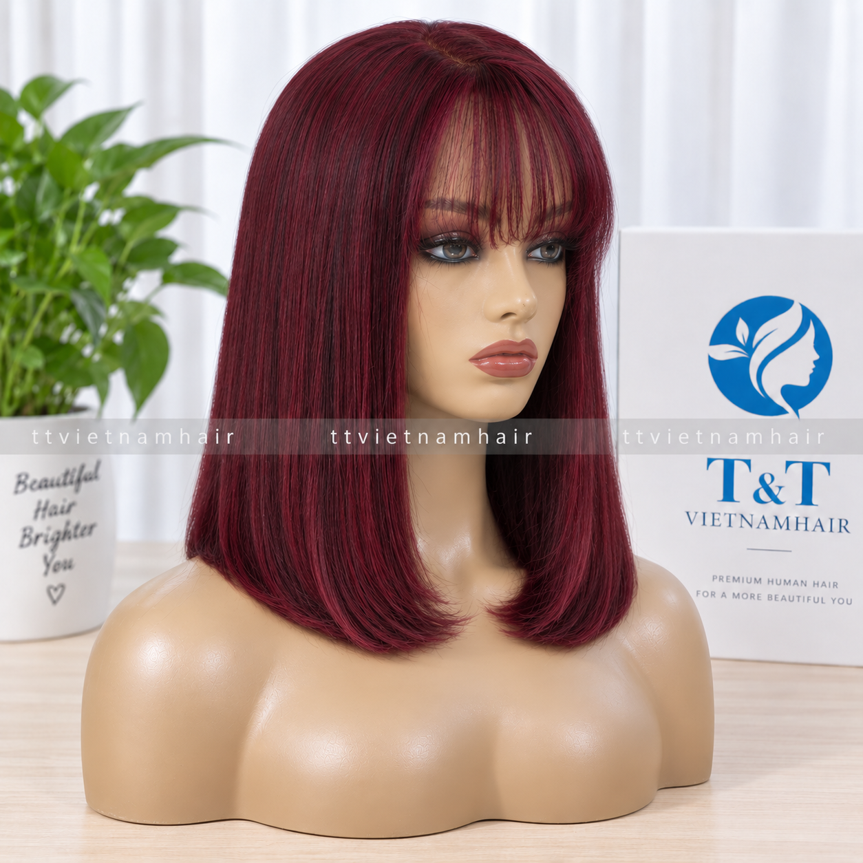 Wine Red Bone Straight Lace Wig with Bangs – Virgin Hair SDD