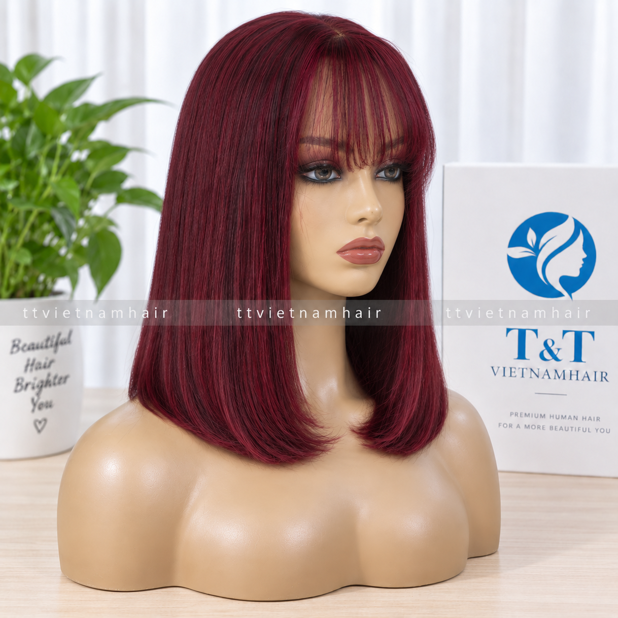 Wine Red Bone Straight Lace Wig with Bangs – Virgin Hair SDD