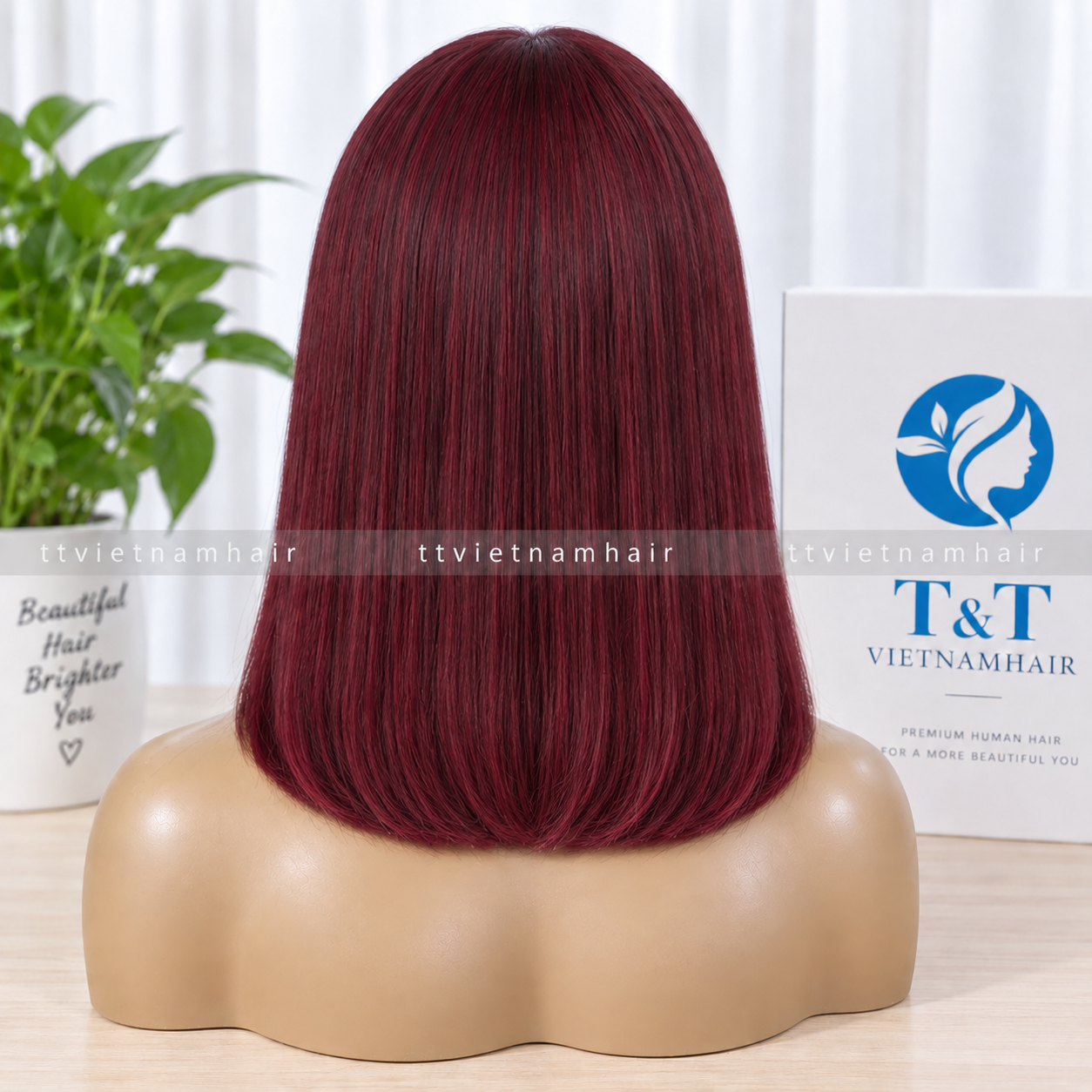 Wine Red Bone Straight Lace Wig with Bangs – Virgin Hair SDD