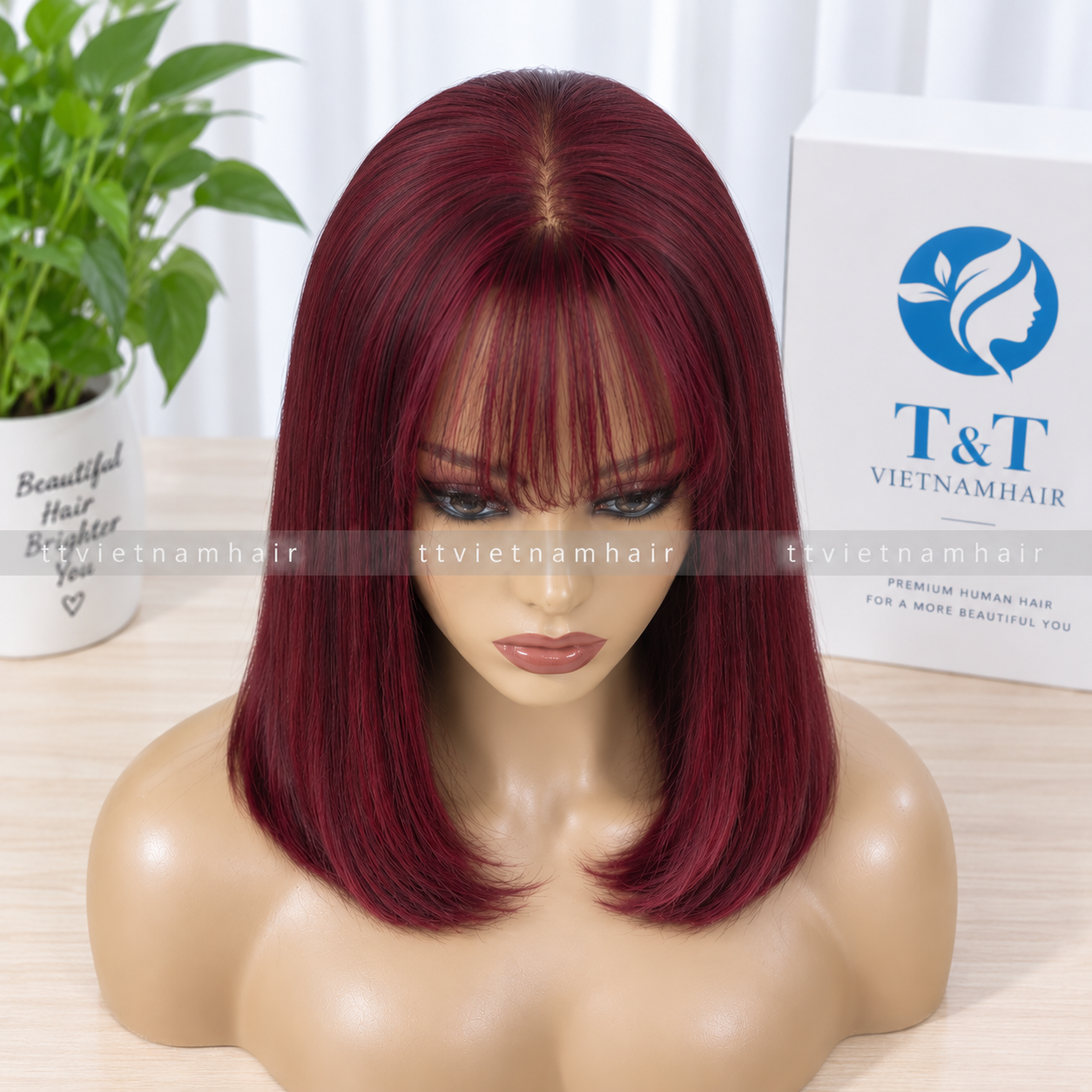 Wine Red Bone Straight Lace Wig with Bangs – Virgin Hair SDD